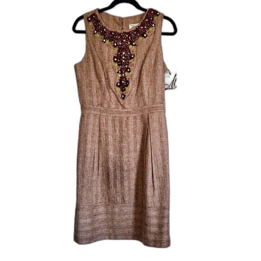 Milly NY Dress NWT Beaded Silk Wool SZ 8 Gold Metallic Tan Sleeveless Lined